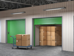 Open storage unit with green doors